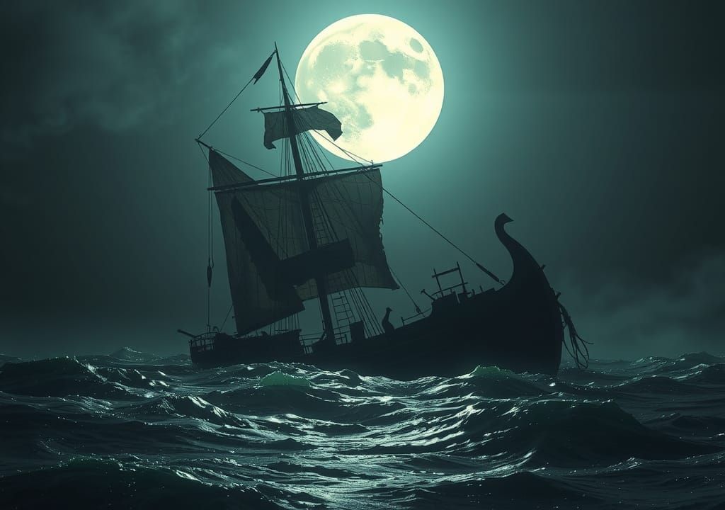 Ghostly Shipwreck on Dark Sea as Industrial Futurism