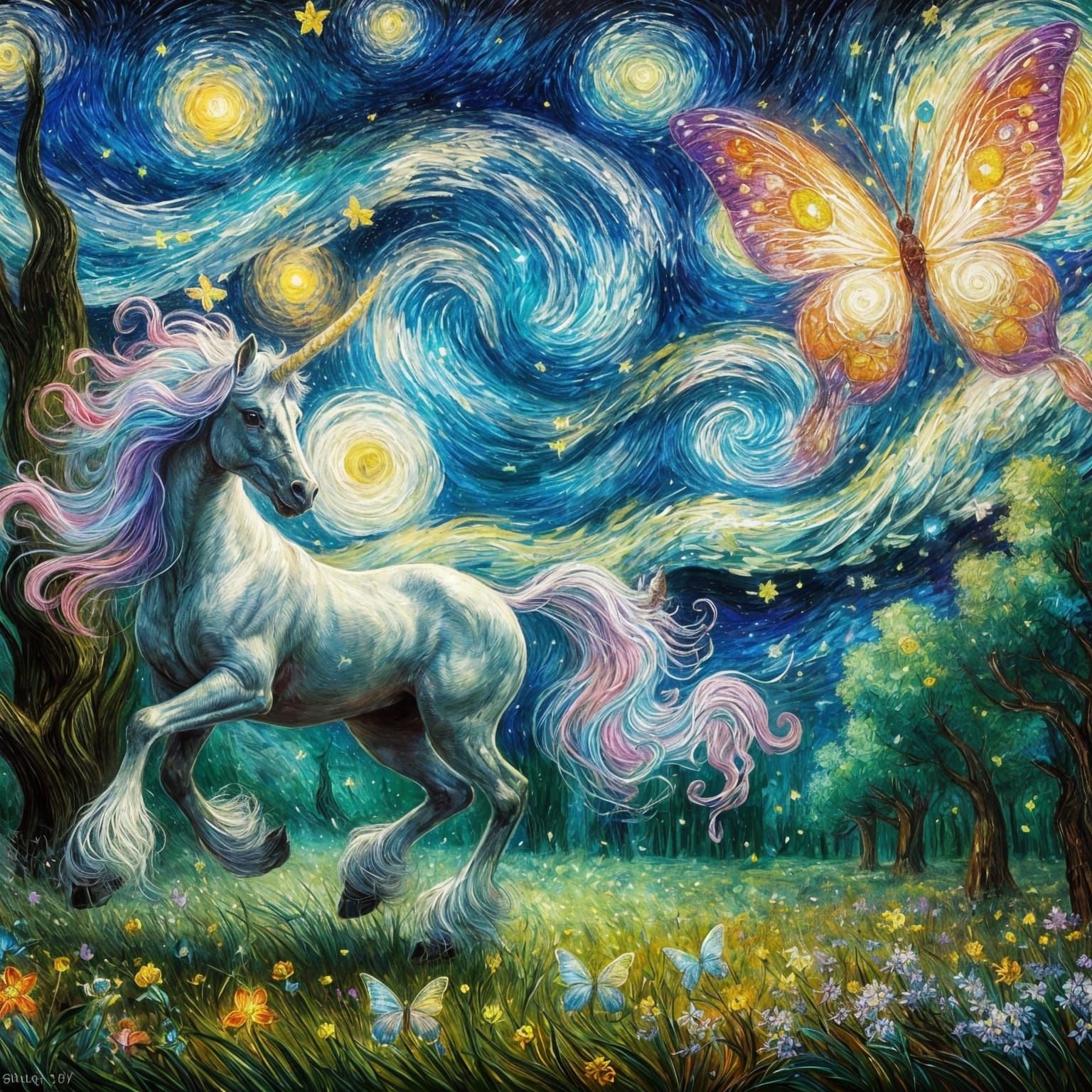 Magical Forest Scene with Unicorn, Fairy, and Butterfly in V...