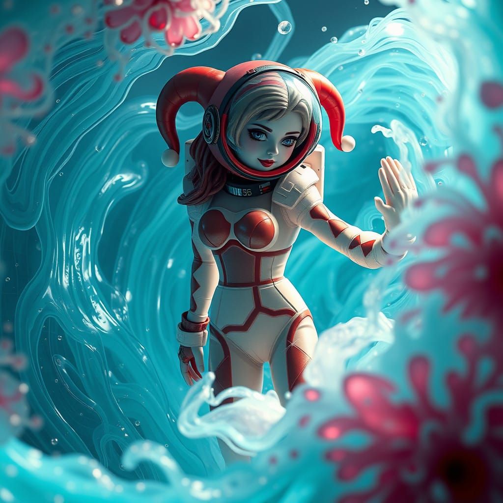 Whimsical Astronaut Harley Quinn Sculpture in Aqua Marine Je...