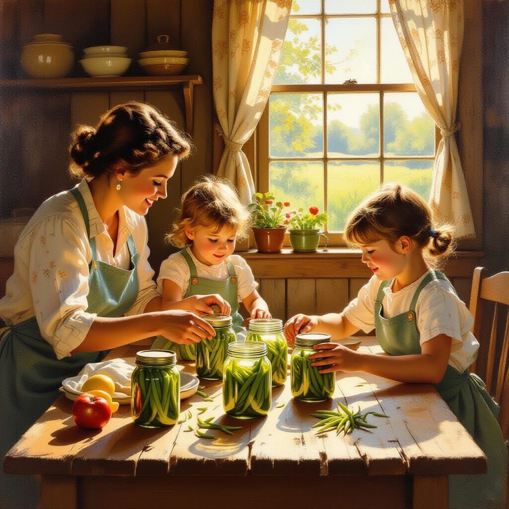Family Canning Green Beans at Farmhouse, Norman Rockwell Sty...