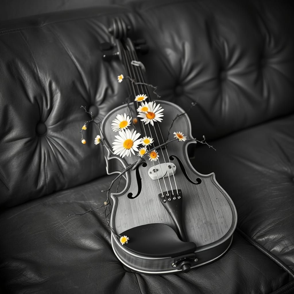 Daisy Vine Violin on Leather Sofa