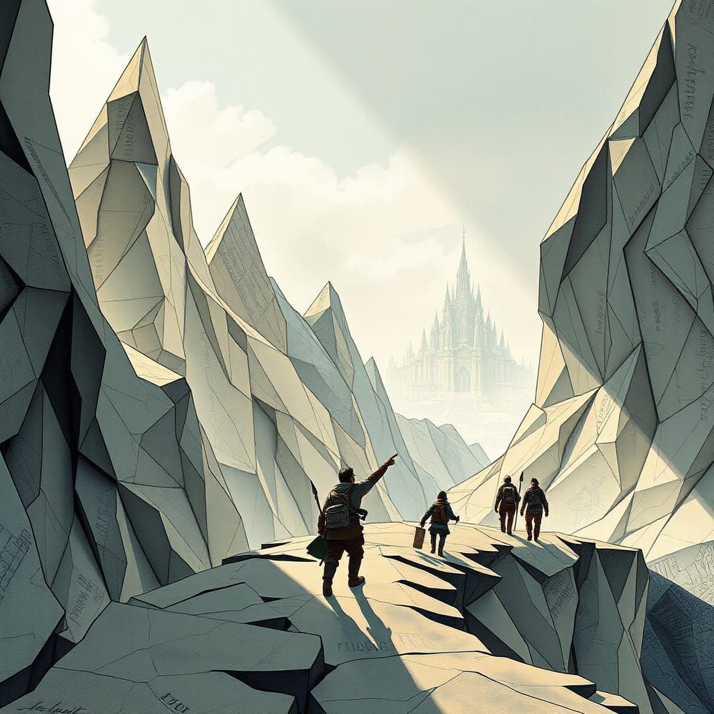 Adventurers Explore Papercraft World with Origami Mountains