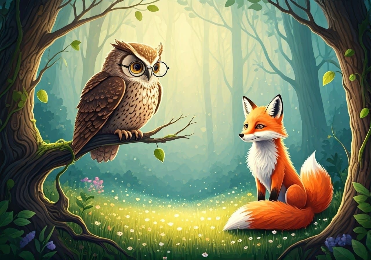 Owl and Fox in Forest Meadow as Watercolor Painting