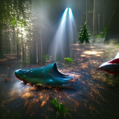 Surreal Floating Shark in Forest, 3D Render