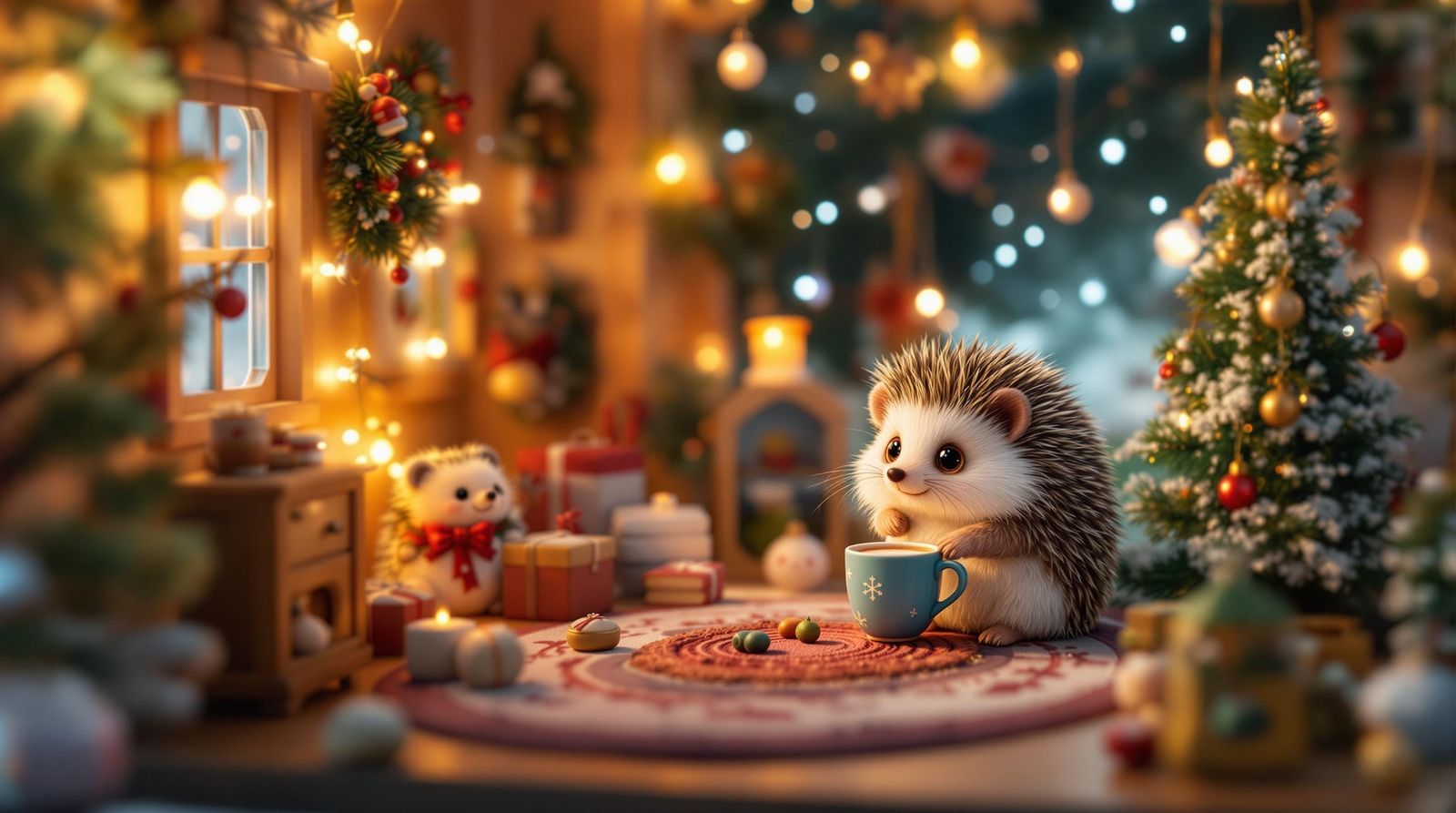 Christmas Cottage Interior with Kawaii Hedgehog