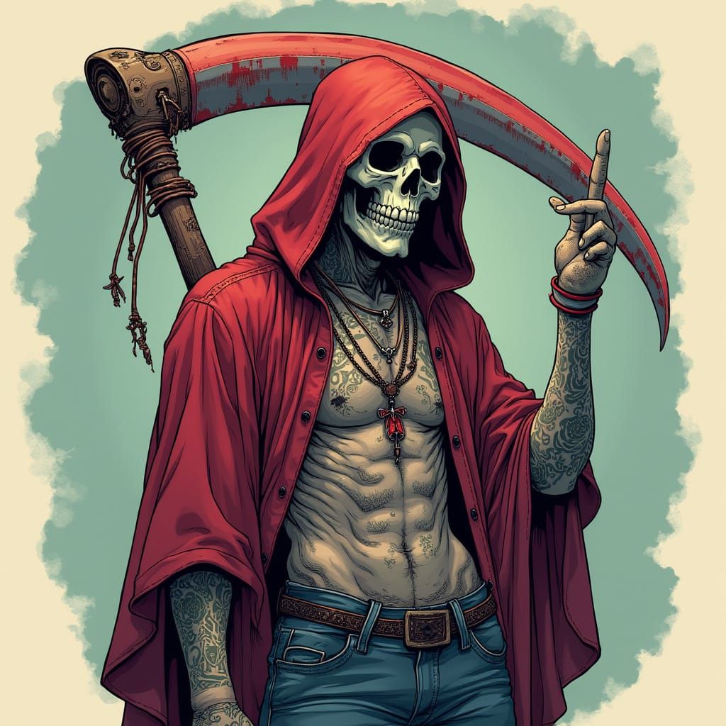 Vibrant Grim Reaper in Casual Tattooed Style