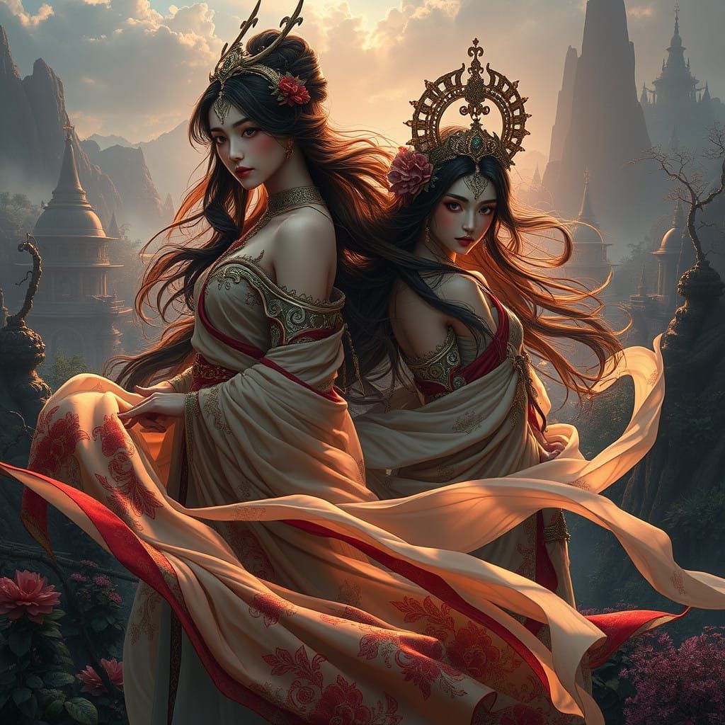 Elegant Fantasy Women in Whimsical, High-Contrast Landscape