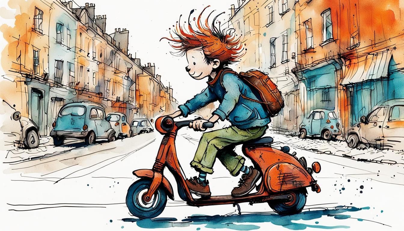 Boy on Scooter in Quentin Blake Style Illustration