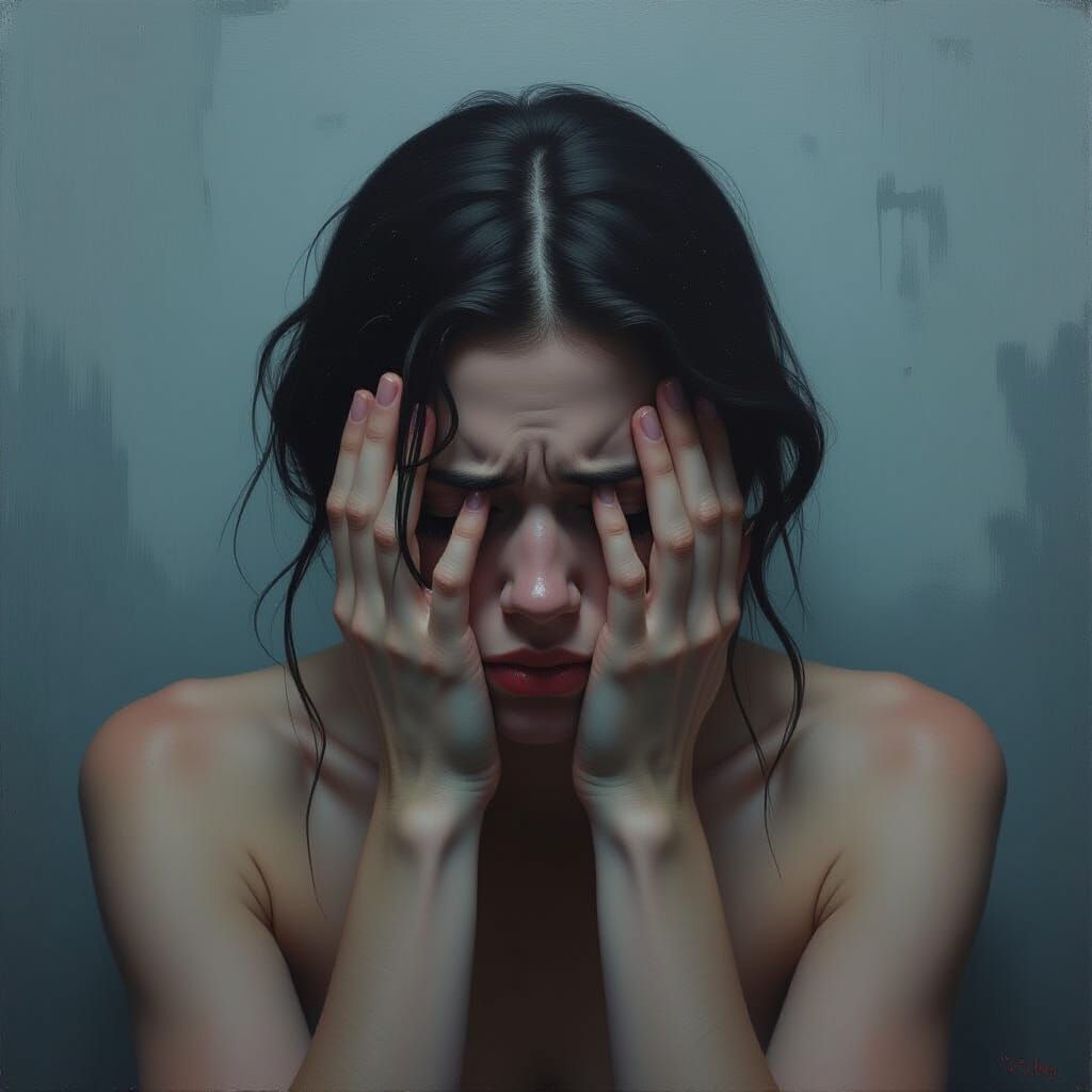 Emotional Isolation and Sorrow in Surreal Art Style