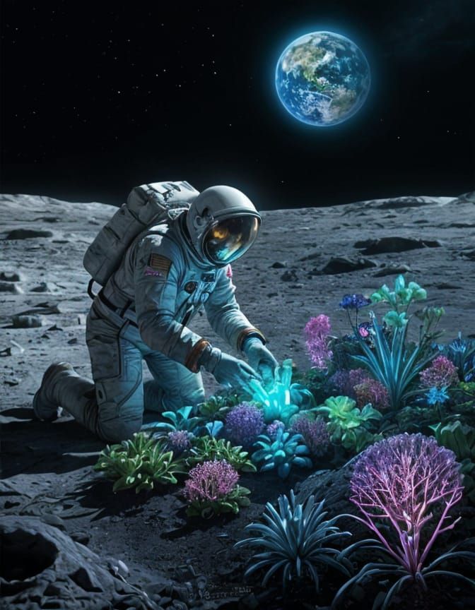 Astronaut Tends Alien Garden Under Earthlight on Moon