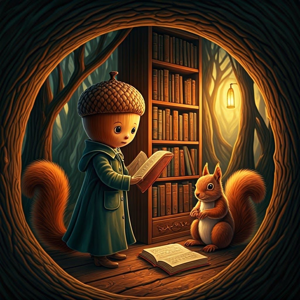 Surreal Librarian Doll in Dreamscape Forest