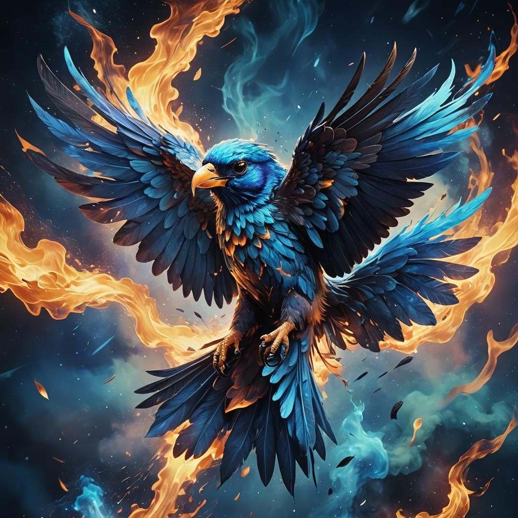 Blue Flame Bird Flying in Space