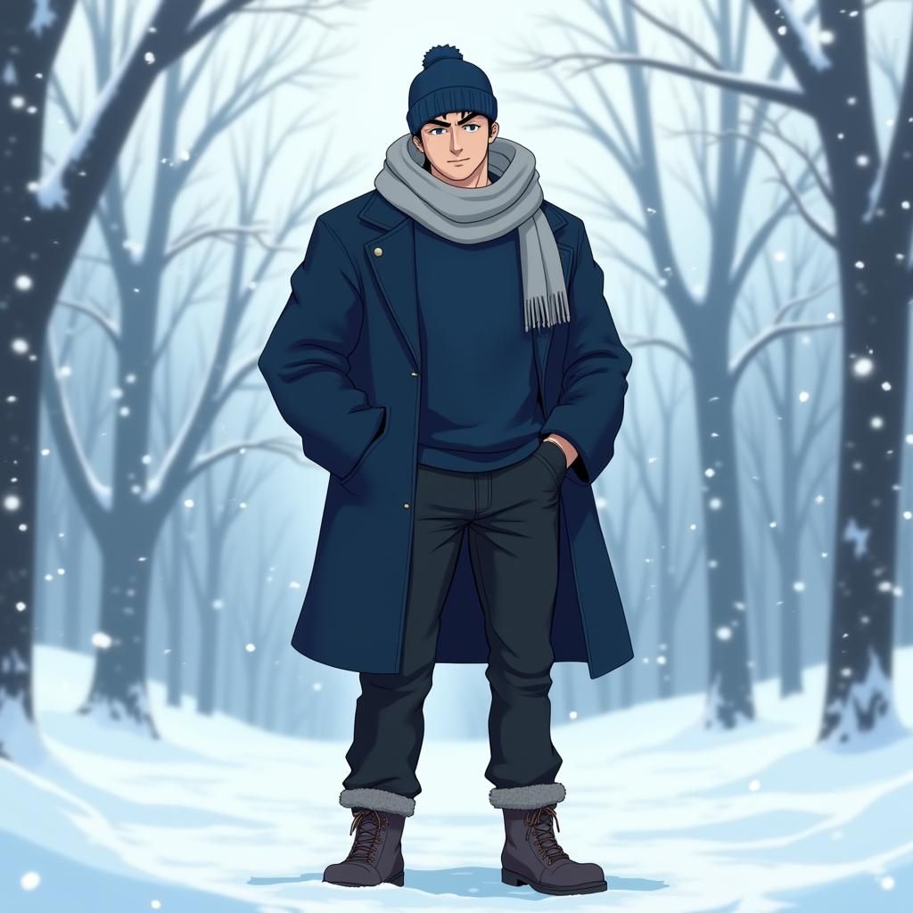 Anime Style Man in Winter Wonderland