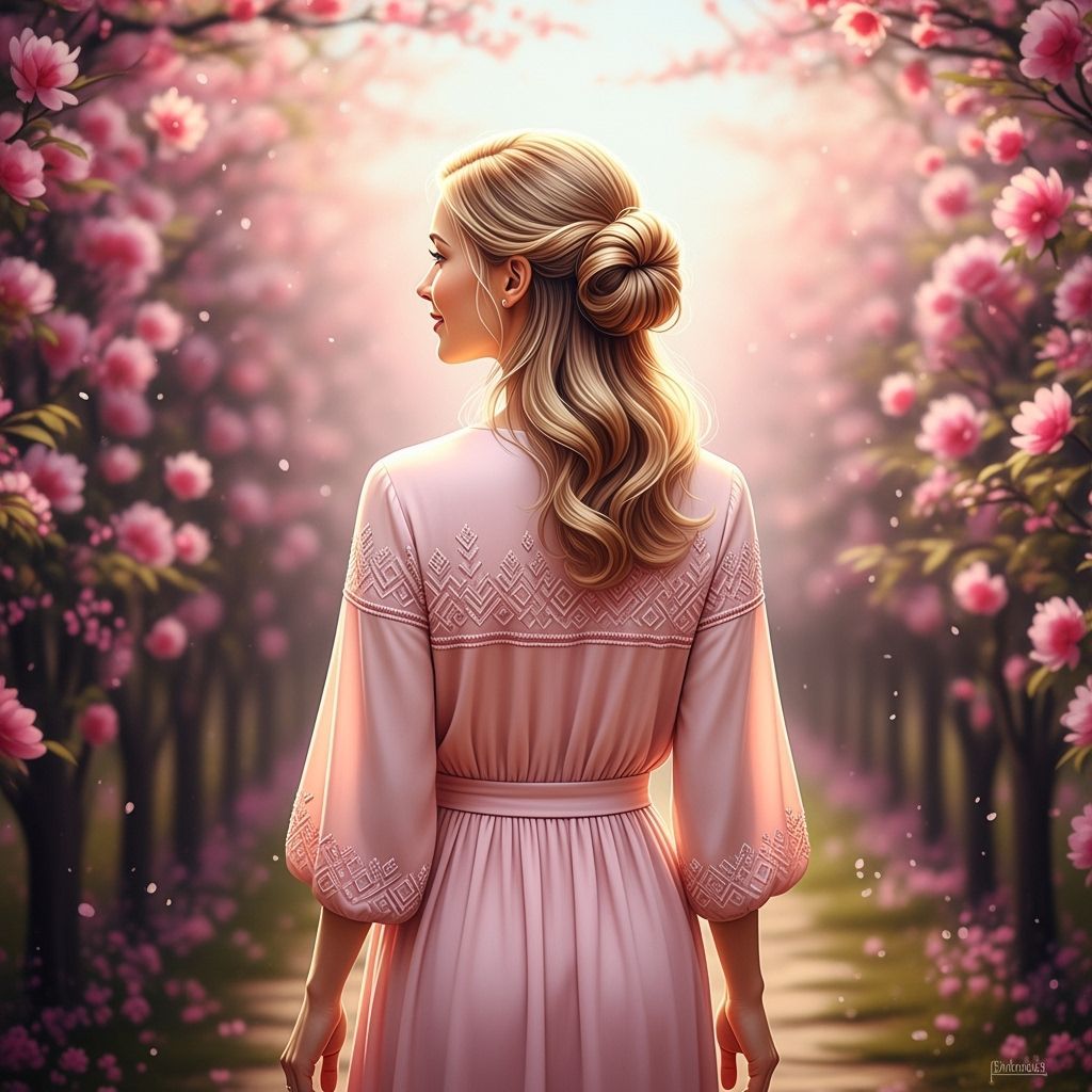 Blonde Woman in Floral Path, Hyperrealistic Style