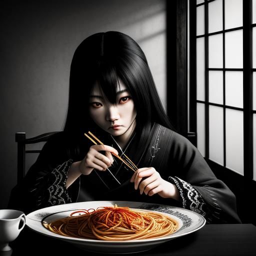 Hyperrealistic Japanese Gothic Girl Eating Spaghetti