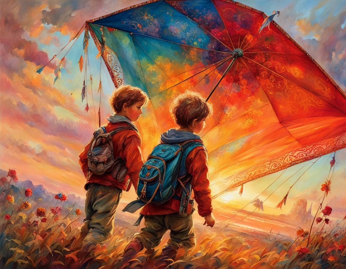 Children Flying Kite: Whimsical Watercolor Illustration