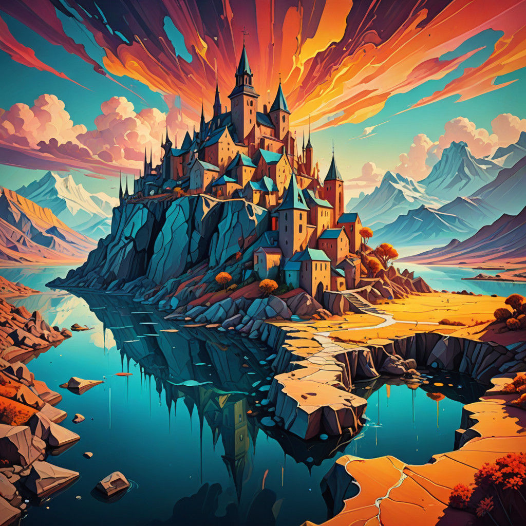 Surreal Medieval Townscape Dissolves into Dreamlike Landscap...