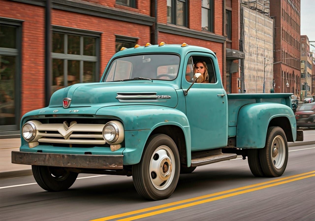 Beautiful Girl Drives Flatbed Truck: Photorealistic Oil Pain...