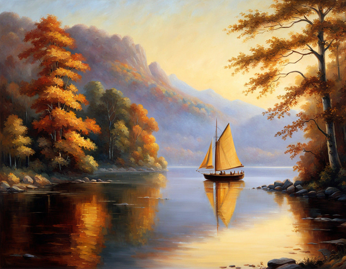 Sailboat Serenity in Rich Autumn Tones, Hudson River Style