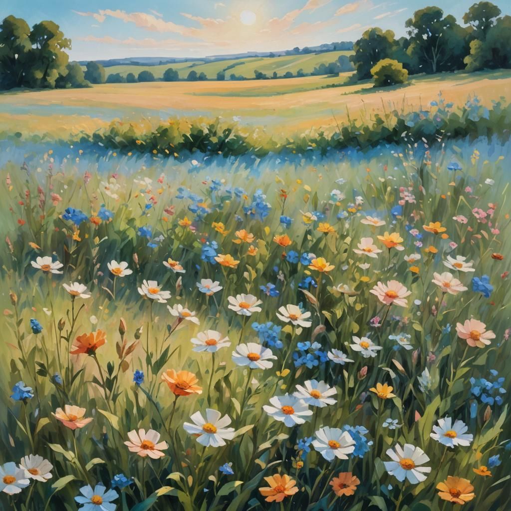 Impressionist Field of Flowers in Summer Sunshine