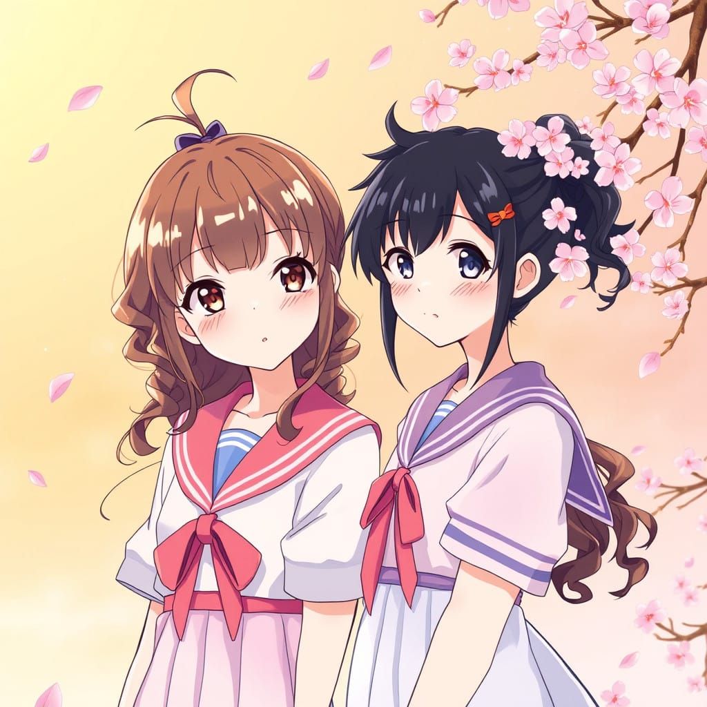 Anime Sisters in Whimsical Cherry Blossom Scene