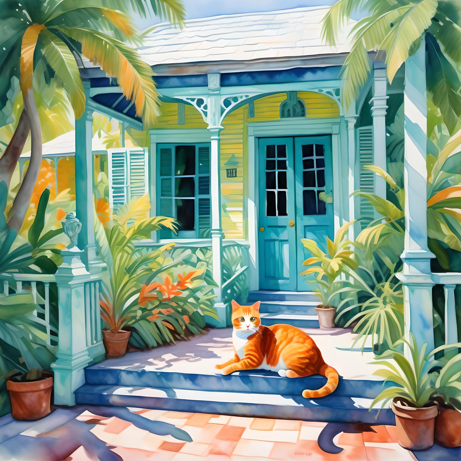 Cats of Hemingway House in Gouache Style