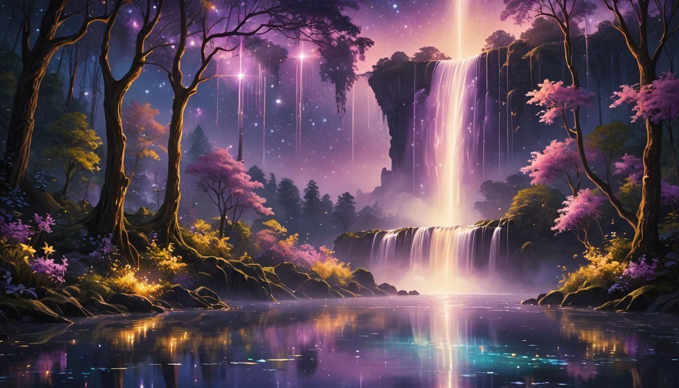 Starlight Waterfall in Celestial Forest: Iridescent Illustra...