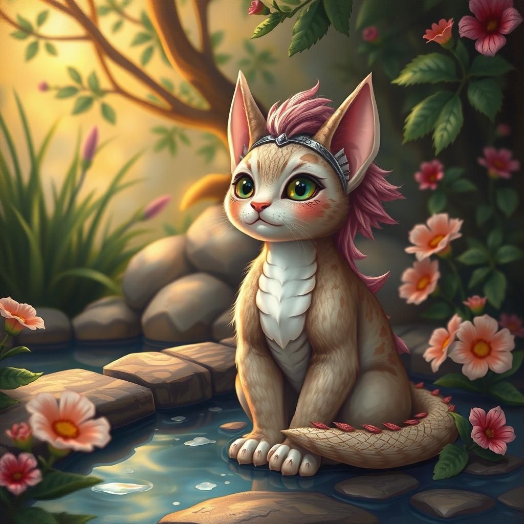 Dragon Cat with Pink Hair by Water Pool