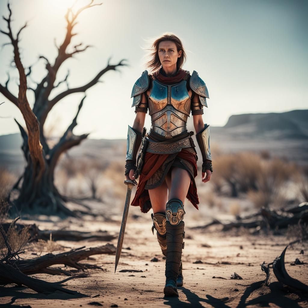 Stoic Female Warrior in Barren Landscape: Cinematic Still