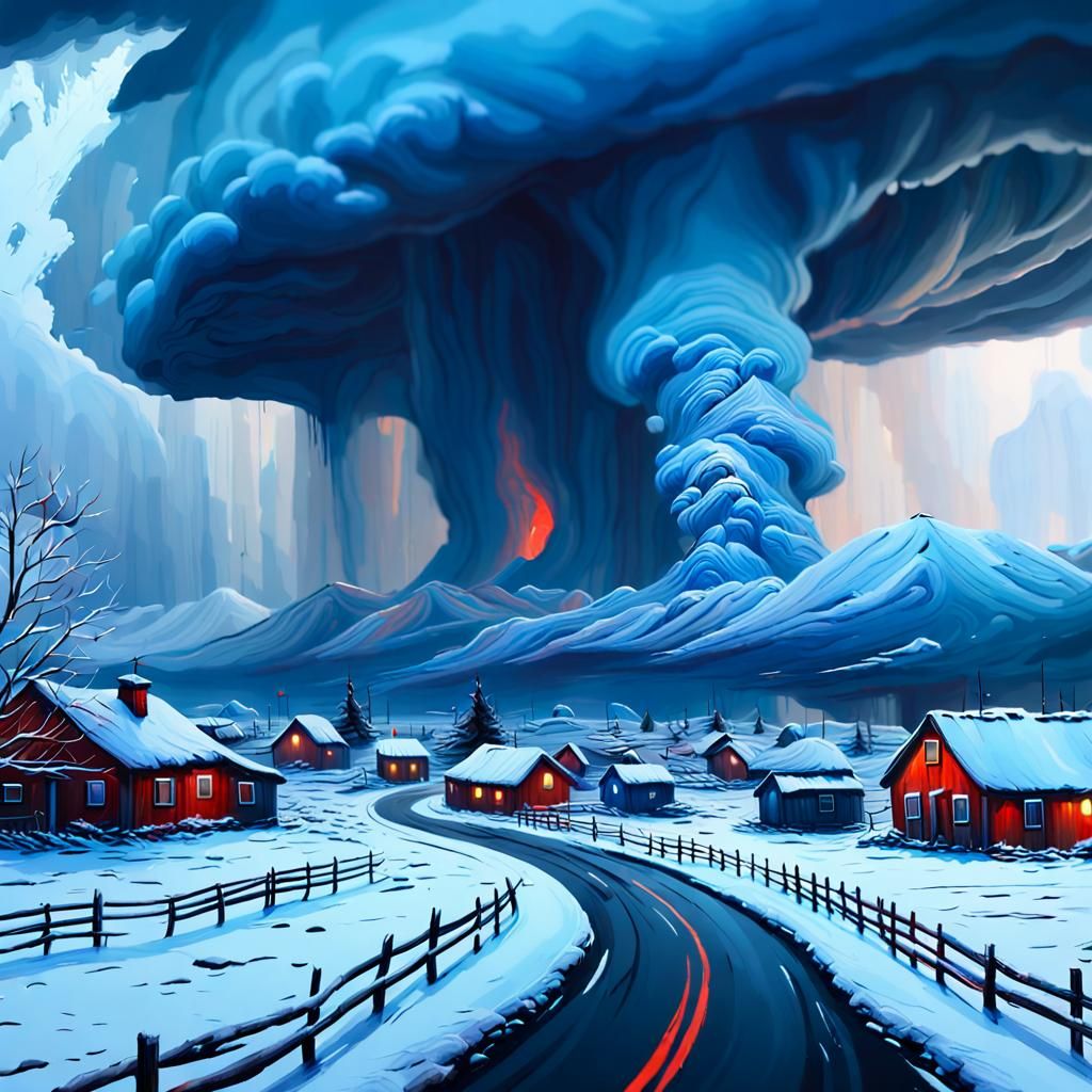 Epic Snow Tornado near Village in Oil Painting Style