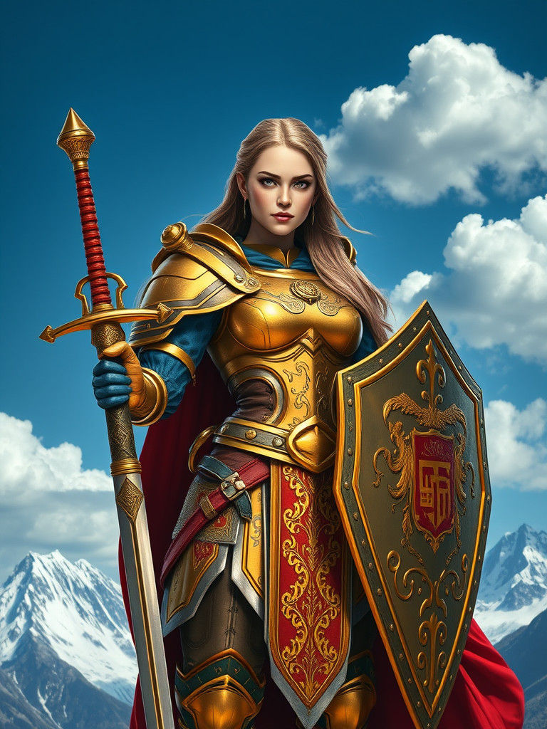 Female Warrior in Golden Armor, Fantasy Art Portrait