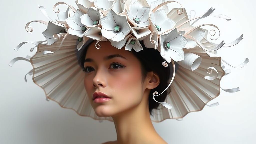 Woman in Elaborate Paper Hat Inspired by Issey Miyake
