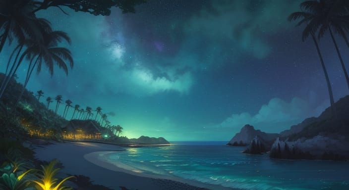 Tropical Island Oasis Under Starry Night Sky