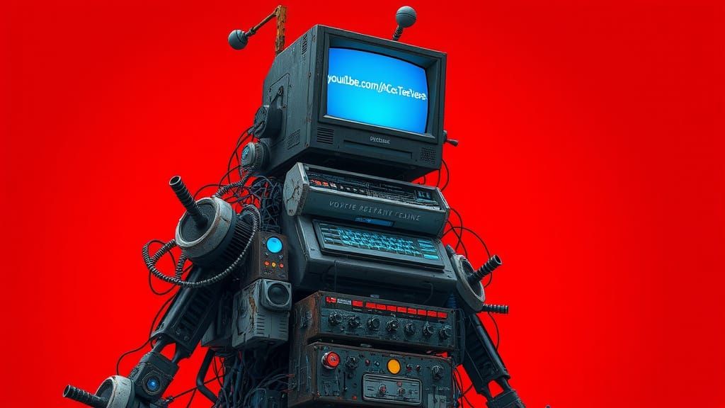 Mechanical Being with Glowing Screen Head in Steampunk Style