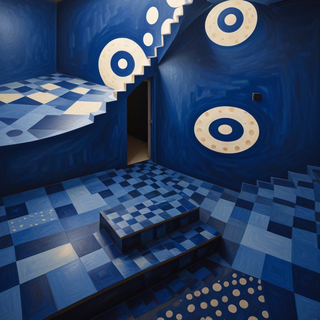 Surreal Checkerboard Staircase with Polka Dots in 3D