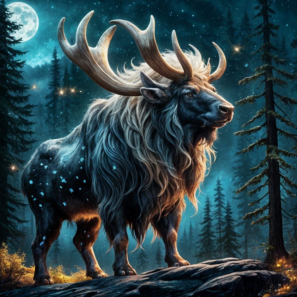 Mythical Buffalo Moose Hybrid in Fantasy Forest Scape