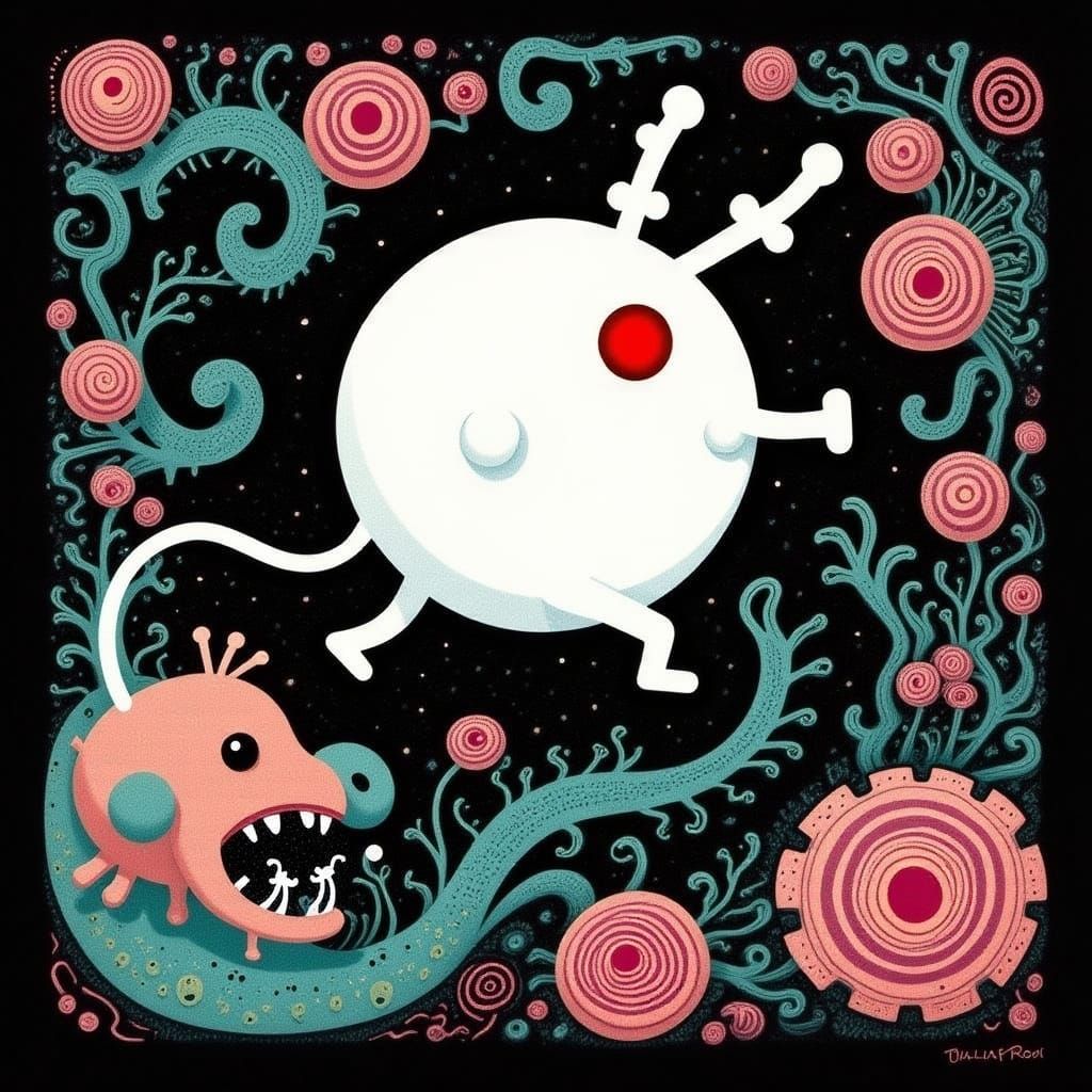 Surreal Dystopian Fantasy: Cartoon Hero Fleeing Floral Monst...