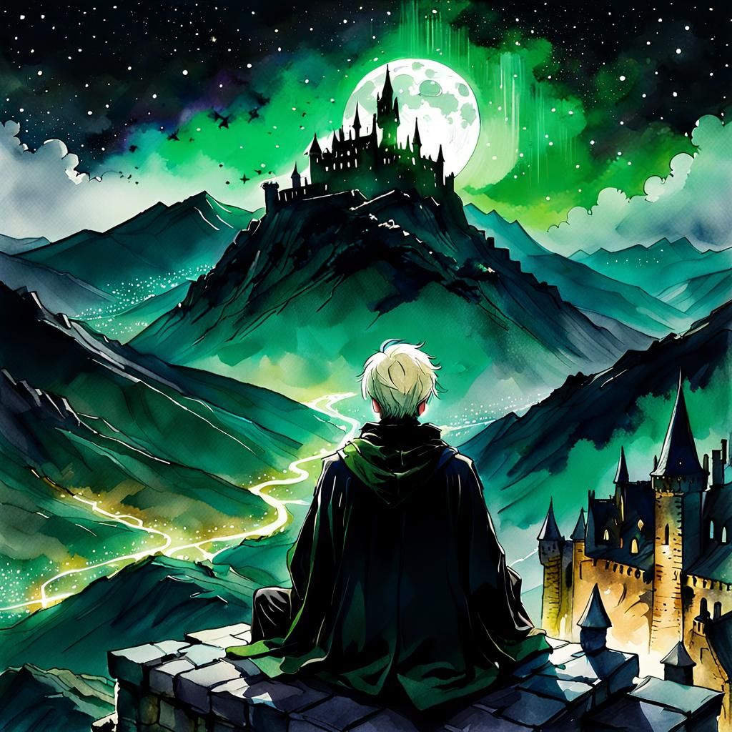 Wizard Silhouette Overlooking Starry Highland Mountains