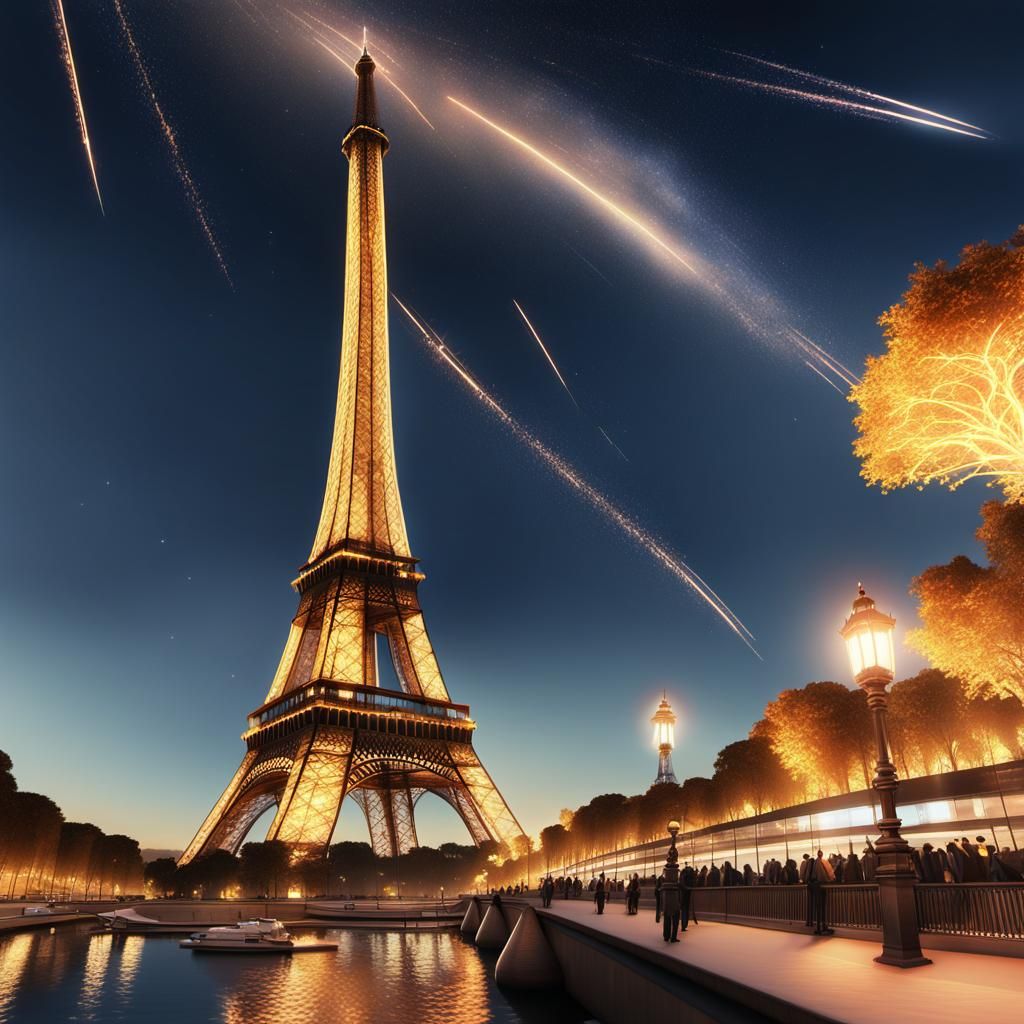 Eiffel Tower Under a Meteor Shower: Anime Concept Art