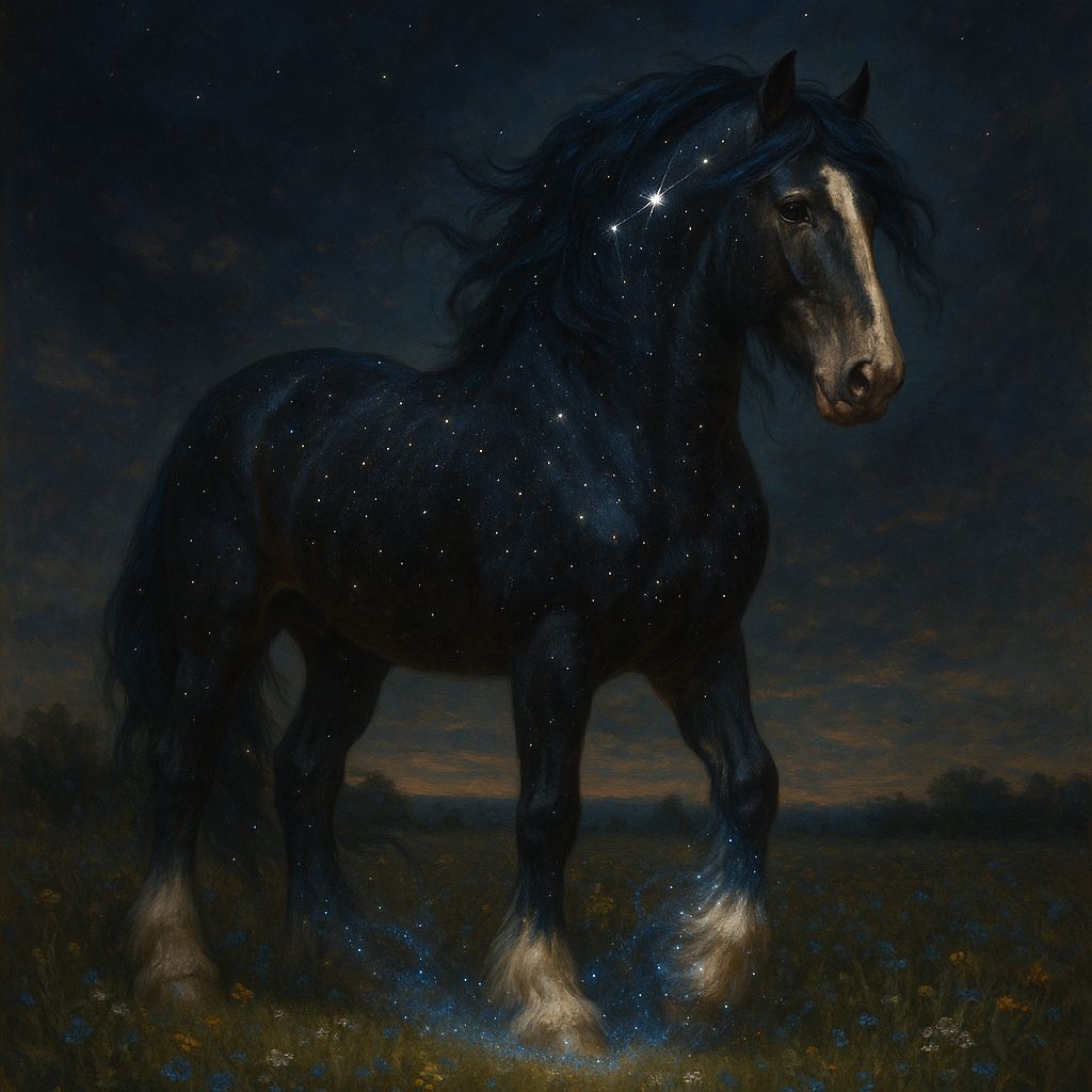 A majestic Clydesdale horse stands in a field of wildflowers under a twilight sky, its coat shimmering with embedded sta...