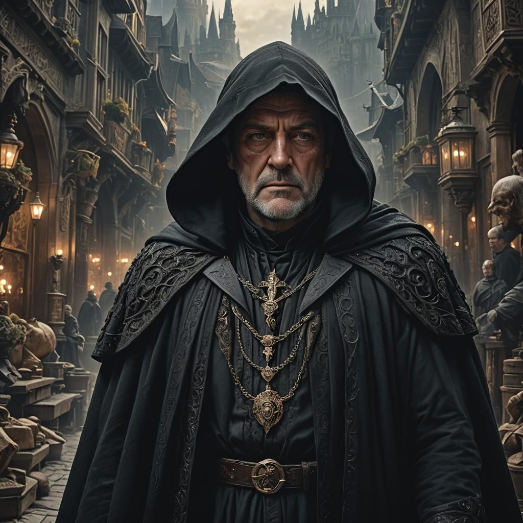 Cinematic Middle-Aged Man in Black Cloak