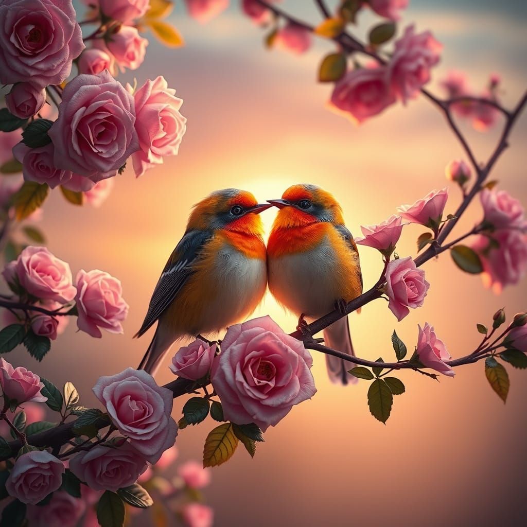 Lovebirds in a Whimsical Sunset Scene