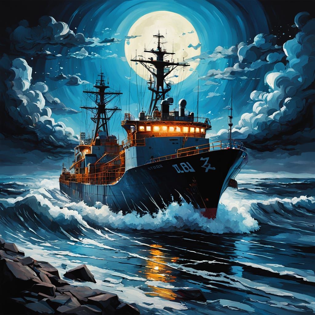 Surreal Nighttime Ocean Scene with a Ship in the Distance