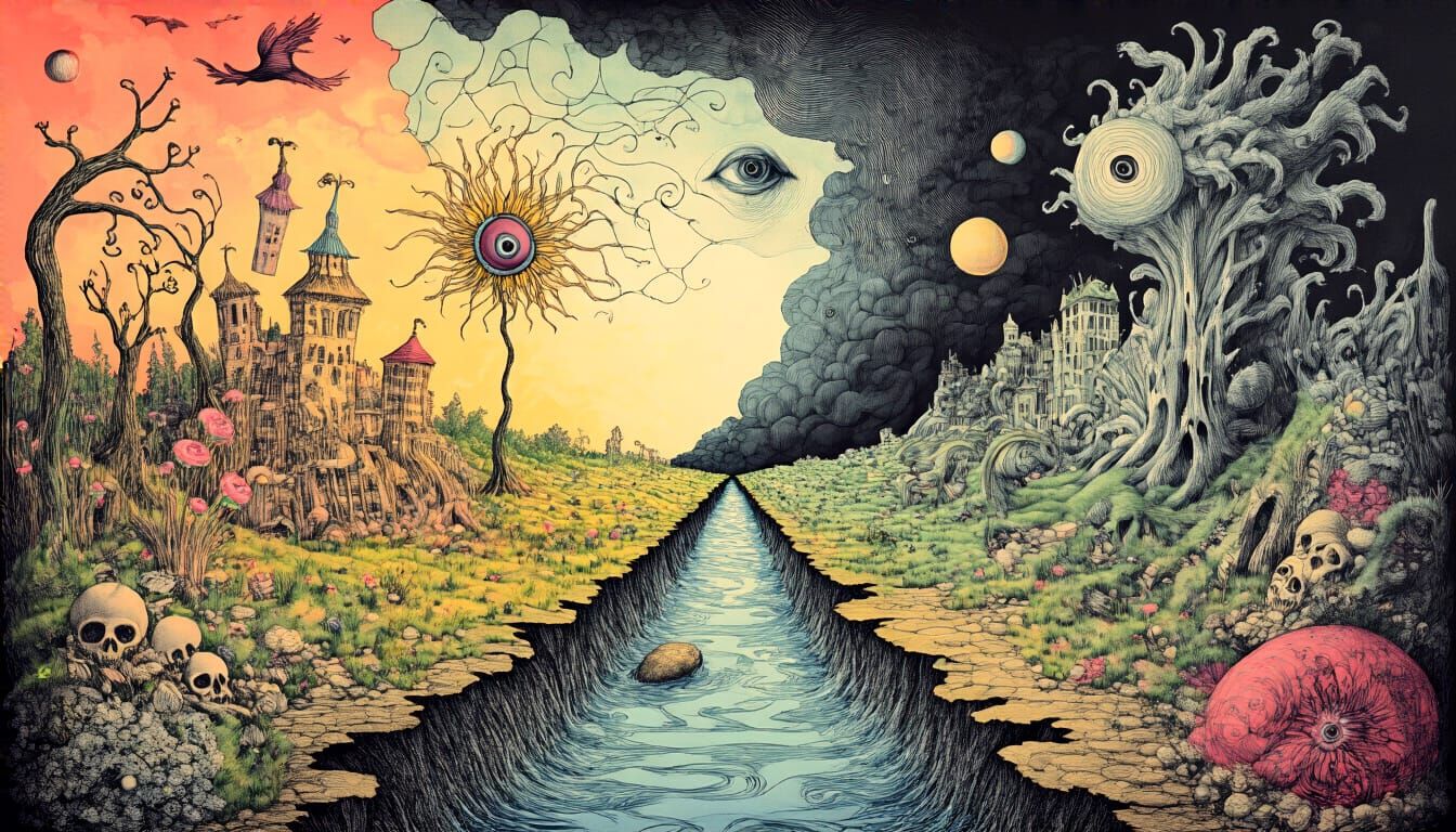 Surreal Threshold Crossing in Mixed Media Style