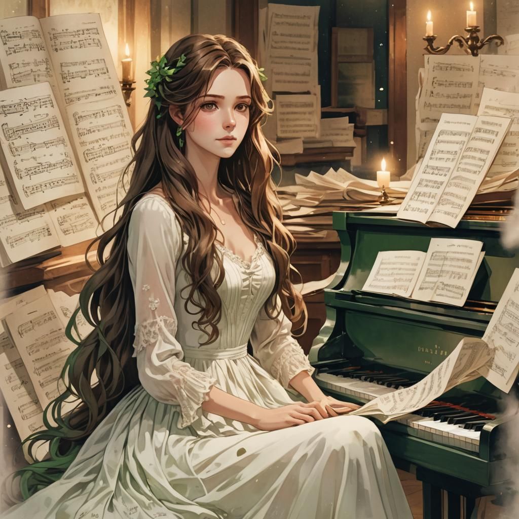 Anime Style Pianist in Candle-Lit Room