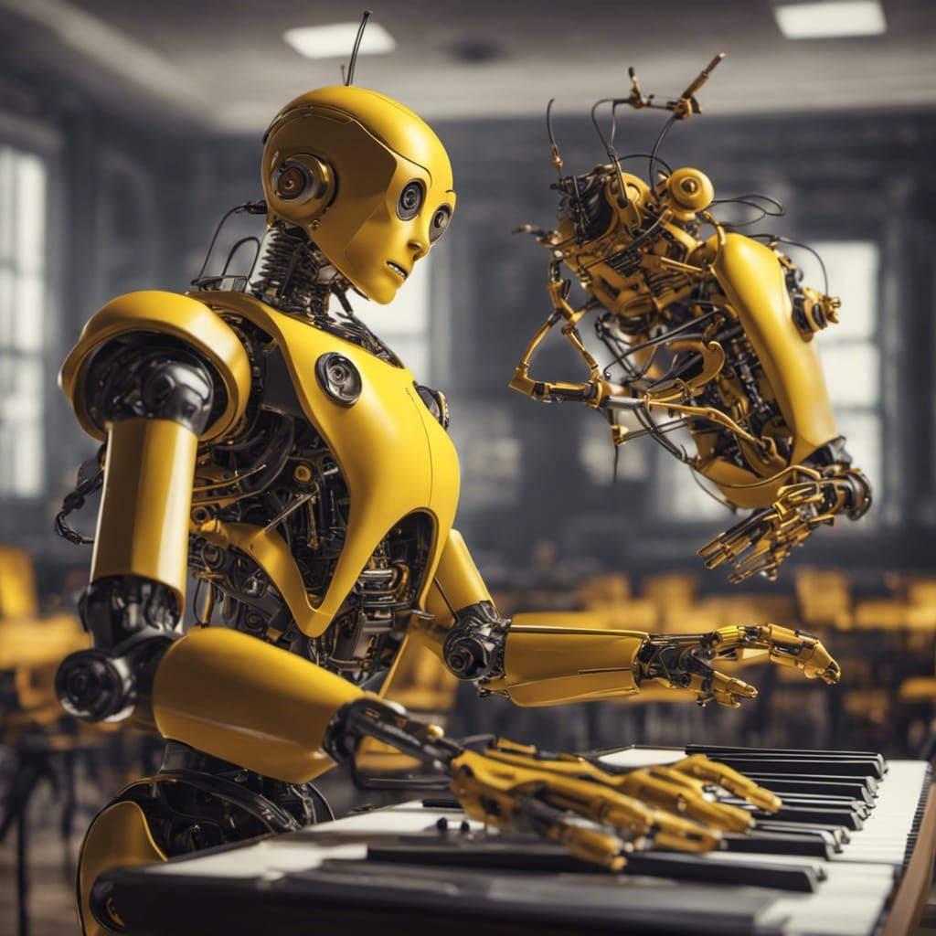 Hyperrealistic Robot in Yellow Music Classroom