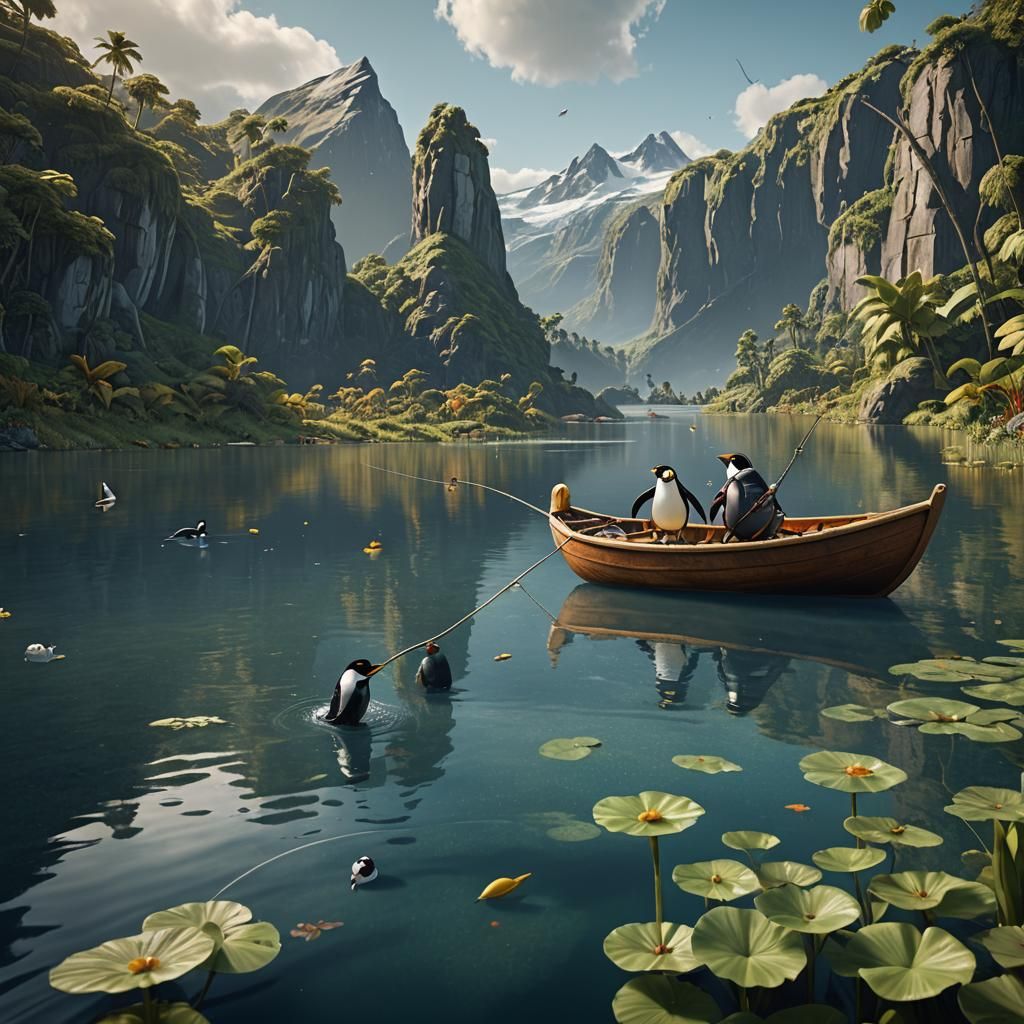 Banana Fishing with Penguin: Fantasy Concept Art