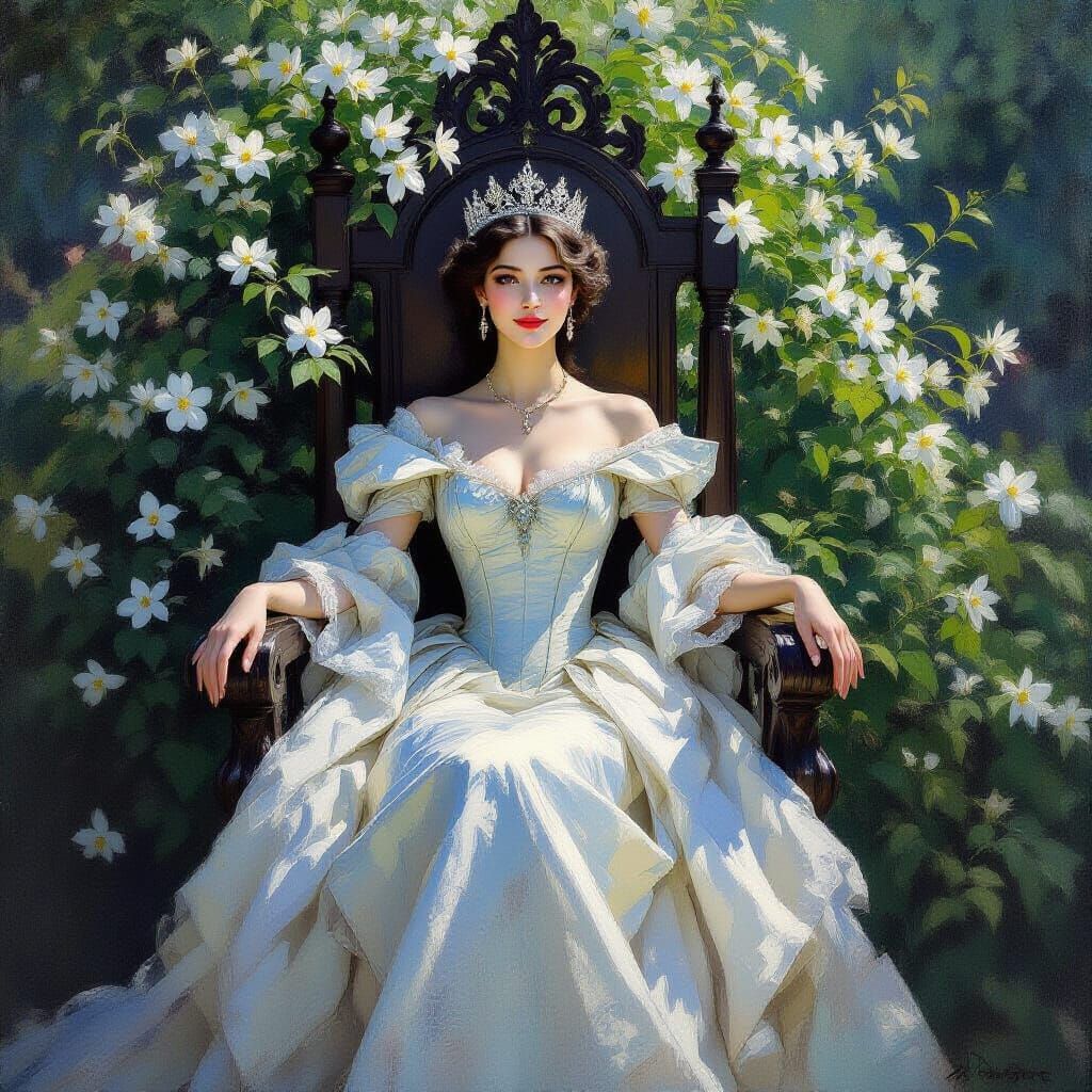 Regal Queen in Moonlight Garden, Impressionist Oil Painting