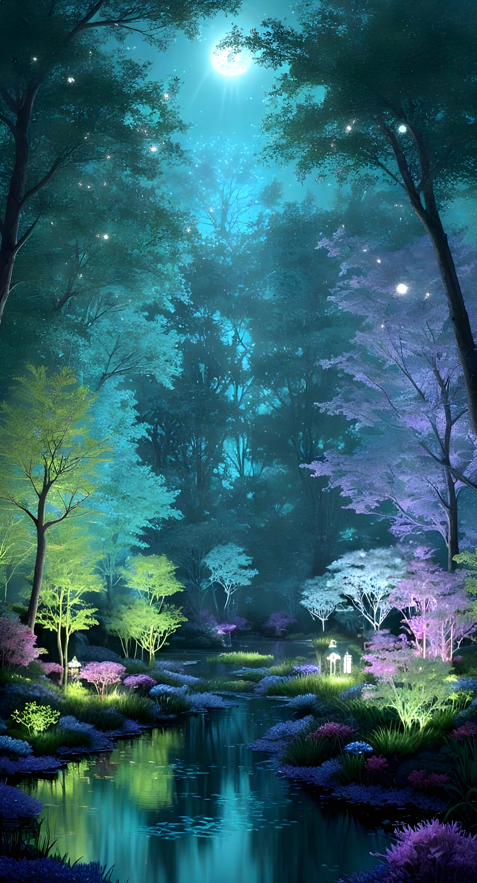 Ethereal Bioluminescent Forest at Moonlight
