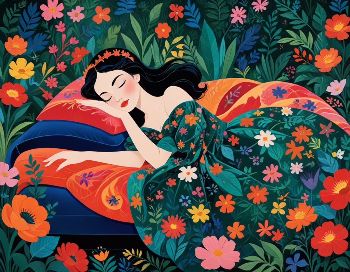 Sleeping Princess in Vibrant Mary Blair Style